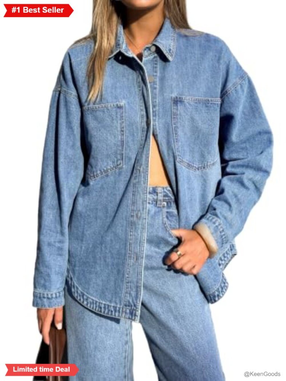 Oversized Button Down Denim Shirt Long Sleeve Cotton Blend Jean Jacket